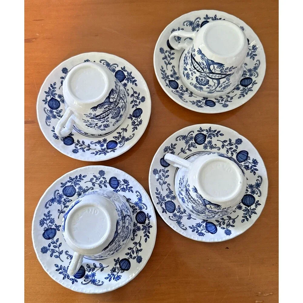 Enoch Wedgwood Tunstall Blue Heritage Blue Onion Cups & Saucers-Set of 4 Vintage